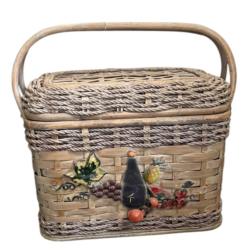 Vintage Large Pastel Rattan Picnic Basket with handles & food blanket